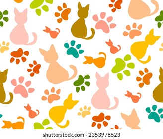 Set of seamless patterns and backgrounds with paw cat prints. Abstract vector illustration for pet shop websites and prints, social media posts, animal product design