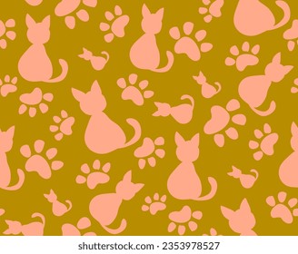 Set of seamless patterns and backgrounds with paw cat prints. Abstract vector illustration for pet shop websites and prints, social media posts, animal product design
