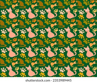 Set of seamless patterns and backgrounds with paw cat prints. Abstract vector illustration for pet shop websites and prints, social media posts, animal product design
