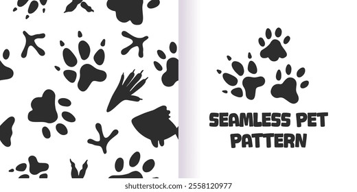 Set of seamless patterns and backgrounds with paw prints, hearts, fish. Abstract vector illustration for pet shop websites and prints, social media posts, animal product design