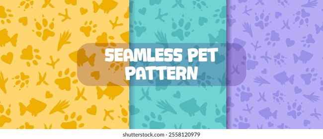 Set of seamless patterns and backgrounds with paw prints, hearts, fish. Abstract vector illustration for pet shop websites and prints, social media posts, animal product design