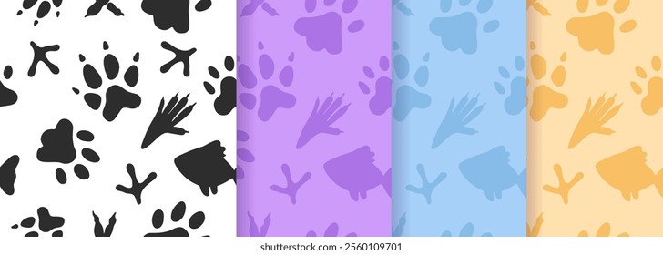 Set of seamless patterns and backgrounds with paw prints, hearts, fish. Abstract vector illustration for pet shop websites and prints, social media posts, animal product design