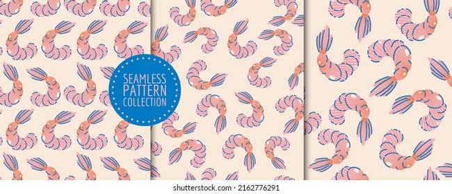 Set with seamless patterns, backgrounds, wrapping papers, illustrations, postcards, prints with colorful cute shrimps in vector