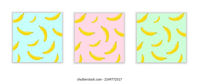 Conjunto de patrones sin fisuras con bananas. Frutas con fondo azul, rosa y verde. Diseño para tipografía, impresión en tela, papel. Ilustración vectorial.