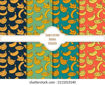 Ein schwarz-weißer Satz nahtloser Muster aus Bananen, Blättern und Früchten, 1000x1000 Pixel.