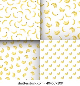 Set of seamless patterns with bananas on white background. Can be used for wallpaper, greeting cards, webpage backgrounds, wrapping paper, scrap booking and textile. Vector illustration. EPS 10.