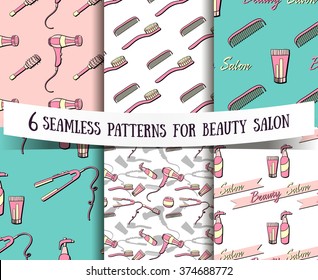 Set of seamless patterns for beauty salon. Patterns made from hand drawn equipment of salon.