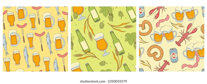 Set of seamless patterns with beer and snacks. Vector graphics.