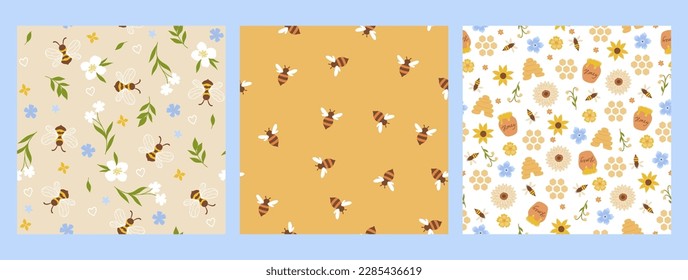 Set of seamless patterns with bees and flowers. Vector graphics.