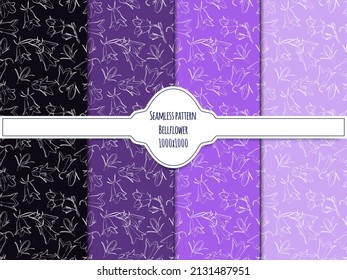 A set of seamless patterns of bellflowers, white contour on a color background, 1000x1000 pixels, vector graphic.