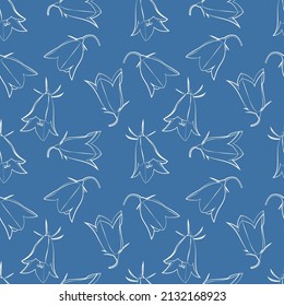 A set of seamless patterns of bellflowers, white contour on a color background, 1000x1000 pixels, vector graphic.