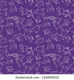 A set of seamless patterns of bellflowers, white contour on a color background, 1000x1000 pixels, vector graphic.