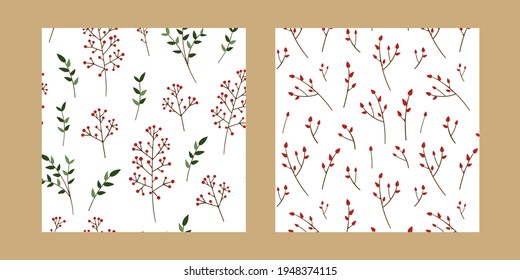 Set of seamless patterns: berries, branches. Vector flat illustration isolated on white background. Perfect for Christmas cards, invitations, wrapping paper, textiles.