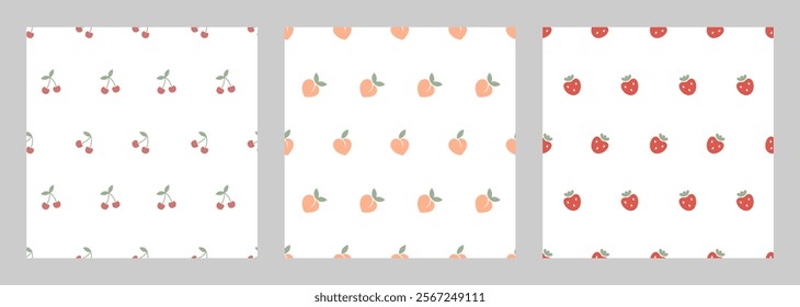 Set of seamless patterns with berries and fruits. Collection of summer vertical banners. Template for covers of children's goods, textiles, wallpapers, wrapping, phone cases, backgrounds, prints.