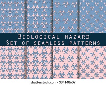 Set of seamless patterns with biohazard symbol. Rose quartz and serenity violet colors. For wallpaper, bed linen, tiles, fabrics, backgrounds. Vector illustration.