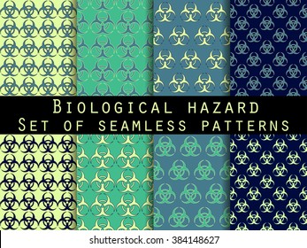 Set of seamless patterns with biohazard symbol. For wallpaper, bed linen, tiles, fabrics, backgrounds. Vector illustration.
