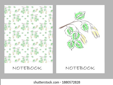 Set of seamless patterns of birch leaves and twigs. Watercolor and ink. For notebooks, diaries, brochures, books, catalogs, etc. Vector illustration.