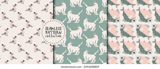 Set with seamless patterns with birds, cats, fish. Vector graphics, designs, backgrounds, prints