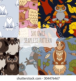 Set of seamless patterns with birds. Cute owl seamless pattern. Cartoon style bird.