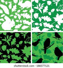 Set of Seamless patterns with birds, leaves and squirrel silhouettes. Ready to use as swatch.