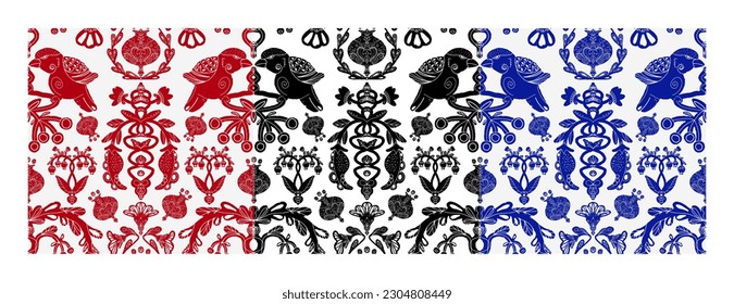 Set of seamless patterns. Birds and plant elements, Scandinavian style, folk art. Grunge elements texture. symmetrical detailed pattern, linocut style. For design, print, wallpaper, fabric, paper.