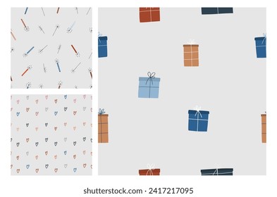 Set of seamless patterns birthday, children's birthday party. Pre-made endless patterns. Vector pattern with gift boxes. Birthday collection. 