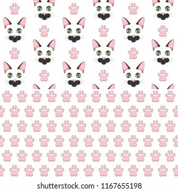 Set of seamless patterns with black cat face and paw prints. Colored vector backgrounds on a white background.