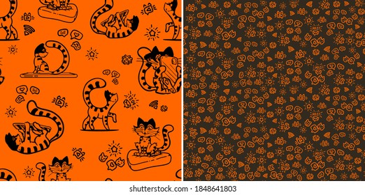 Set of seamless patterns with black silhouettes of cats with smartphones and small social media icons. Isolated vector on dark and orange background