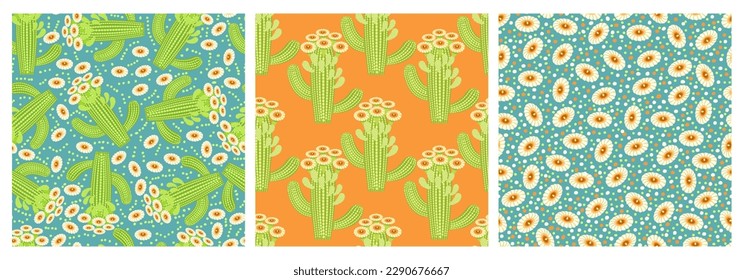 Set of seamless patterns with blooming cacti. Pastel retro colors. Floral botanical pattern. Carnegiea gigantea. Vector illustration.