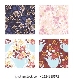 A set of seamless patterns with blossom flowers. Vector hand drawn illustrations