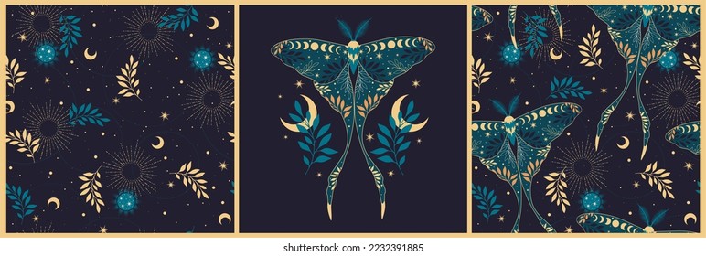 Set of seamless patterns with blue butterflies and constellations. Trendy texture for print, textile, packaging.