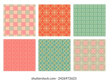 Set of seamless patterns of blue, ivory, pink and green color. Childish style tiling pattern collection. Endless texture can be used for pattern fills, web page background, fabric texture. Vector EPS8