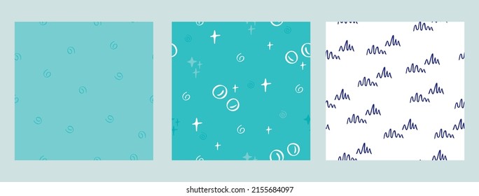 Set of seamless patterns with blue waves, stars in doodle style. Collection of marine backgrounds with underwater symbols for printing on fabrics, wallpaper, packaging paper. Cute vector illustration