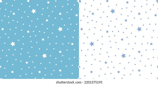 Set of seamless patterns with blue and white little stars isolated on white and light blue. Hand drawn simple vector illustration.  For gift wrap, print, fabric, textile, scrapbook paper, baby print.