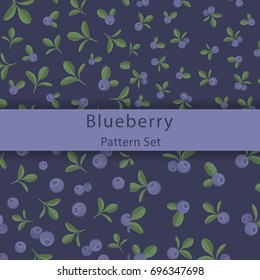 Set of seamless patterns with blueberries on a dark blue background