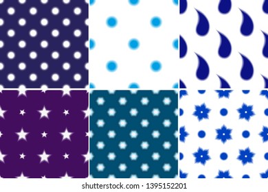 Set seamless patterns with blur paisley and polka dots iand flowers and stars. Vector image. Eps 10
