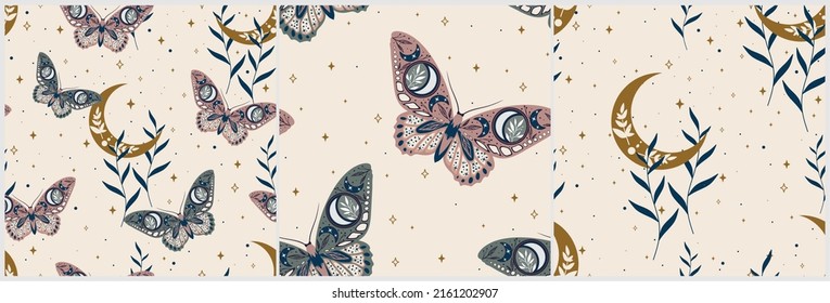 Conjunto de patrones sin fisuras con mariposas boho. Gráficos vectoriales. Composición contemporánea. Textura de moda para impresión, textil, envasado.