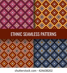 Set of seamless patterns in boho chic style. Bright colored vector wallpapers with ethnic aztec ornament. Summer fashion.