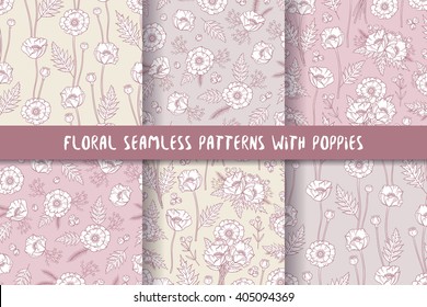 Set of seamless patterns in boho style with poppies. Hand drawn elements. Summer time. Floral patterns for textile, packaging, greeting cards, invitations, wedding decoration. Bohemian collection.