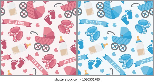 Set seamless patterns for boy and girl. Pastel colors. Thin line icons of baby items. Also for printing on paper and fabric. It's a boy.It's a girl. Pattern with strollers, foots and bottles of a milk