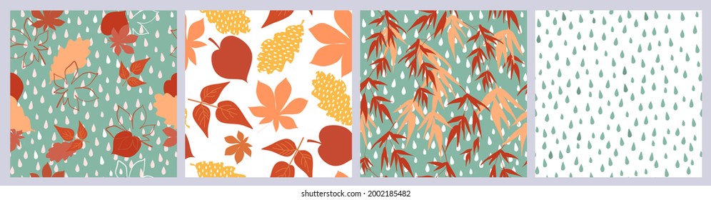 A set of seamless patterns of bright leaves, fern plants, chestnut, maple, simple geometric shapes simple abstract figures, raindrops. Bright autumn print for fabrics, textiles, design. Vector graphic