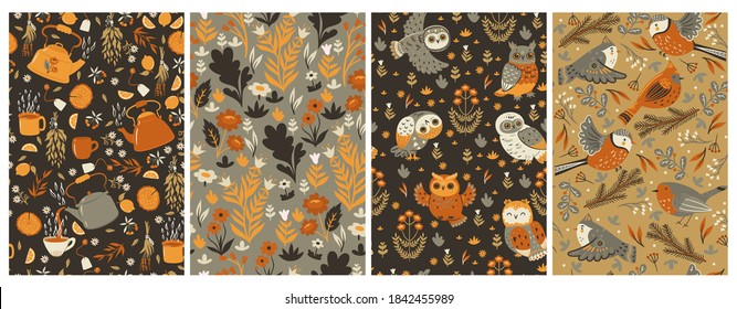 Set of seamless patterns in brown tones. Vector graphics.