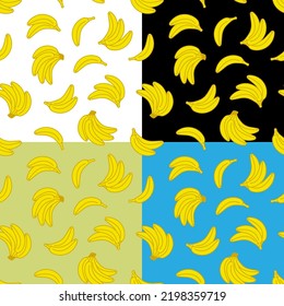 Set of seamless patterns with bunch of sweet ripe bananas. Harvesting tropical fruits. Ornament for decoration and printing on fabric. Design element. Vector