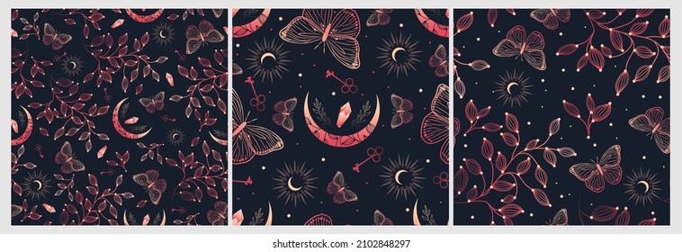 Conjunto de patrones sin fisuras con mariposas y crescentos. Gráficos vectoriales. Composición contemporánea. Textura de moda para impresión, textil, envasado.