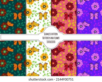 Set of seamless patterns with butterflies and flowers. Doodle style. 1000x1000, Vector graphics.