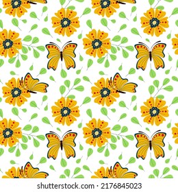 Set of seamless patterns with butterflies and flowers. Doodle style. 1000x1000, Vector graphics.