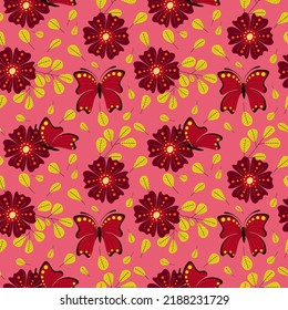 Set of seamless patterns with butterflies and flowers. Doodle style. 1000x1000, Vector graphics.