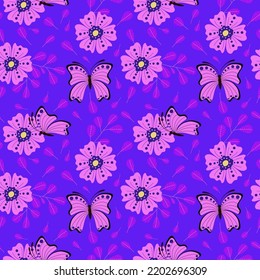 Set of seamless patterns with butterflies and flowers. Doodle style. 1000x1000, Vector graphics.
