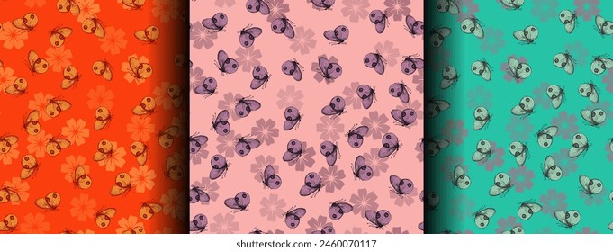 Set of seamless patterns with butterflies and flowers. Summer ornament. Stock vector background. Orange, pink, turquoise. 