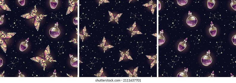 Set of seamless patterns with butterflies and stars. Vector graphics. Contemporary composition. Trendy texture for print, textile, packaging.